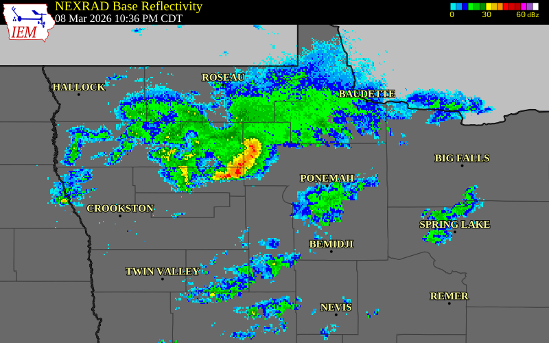 NEXRAD radar during the Sunday, March 8, 2026 storm activity in Pennington County, Minnesota