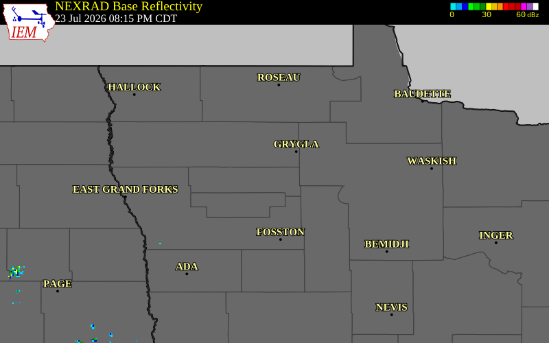 NEXRAD radar during the Thursday, July 23, 2026 storm activity in Pennington County, Minnesota