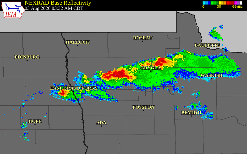NEXRAD radar during the Monday, August 3, 2026 storm activity in Pennington County, Minnesota