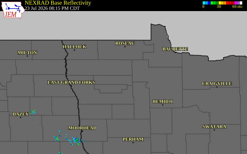 Radar snapshot during the Jul 23, 2026 hail event near Goodridge, Pennington County, Minnesota, with NWS warning polygons