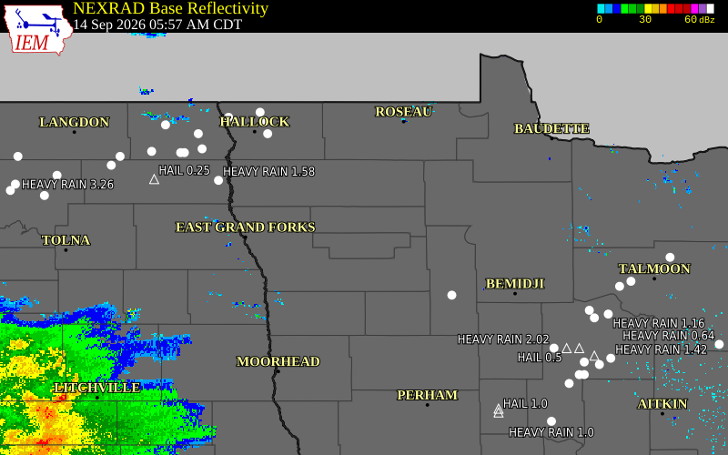 Current NEXRAD radar over Pennington County, Minnesota with recent storm report locations