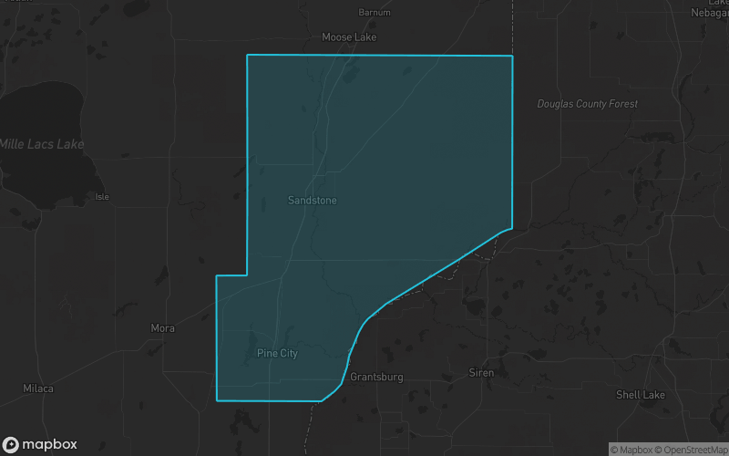 Map of Pine County, Minnesota showing the county boundary and surrounding cities