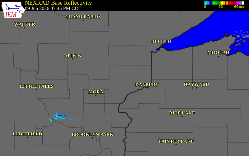 NEXRAD radar during the Tuesday, June 9, 2026 storm activity in Pine County, Minnesota
