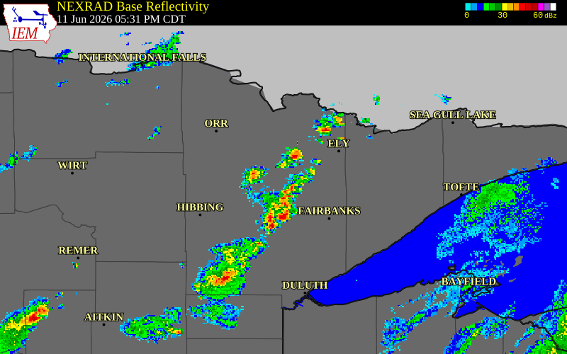 NEXRAD radar during the Thursday, June 11, 2026 storm activity in Pine County, Minnesota