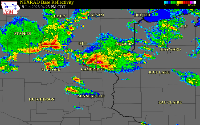 NEXRAD radar during the Friday, June 19, 2026 storm activity in Pine County, Minnesota