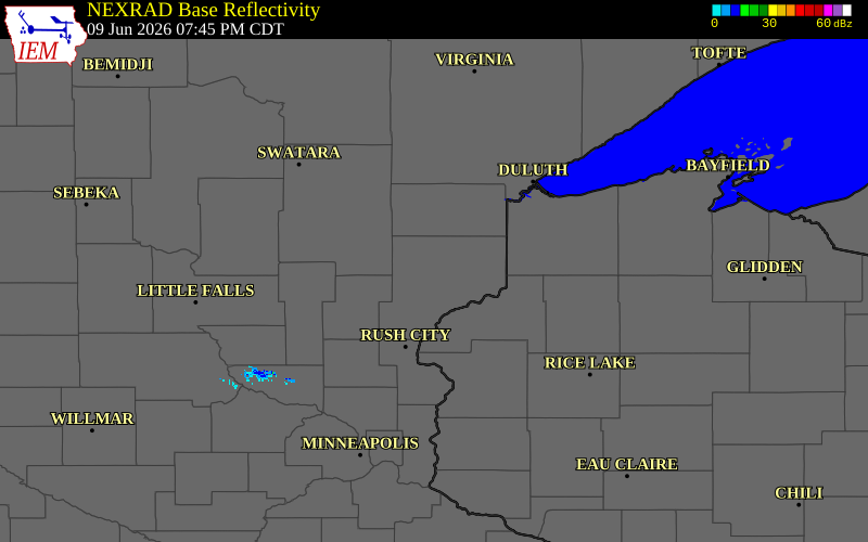 Radar snapshot during the Jun 9, 2026 hail event near Askov, Pine County, Minnesota, with NWS warning polygons