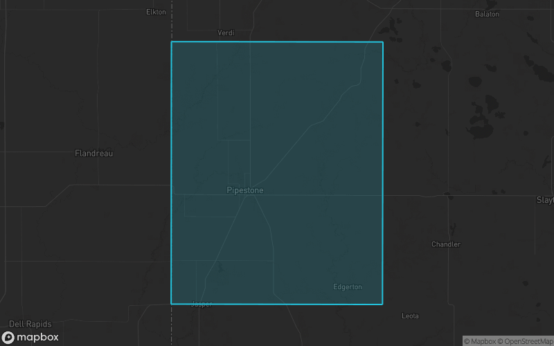 Map of Pipestone County, Minnesota showing the county boundary and surrounding cities