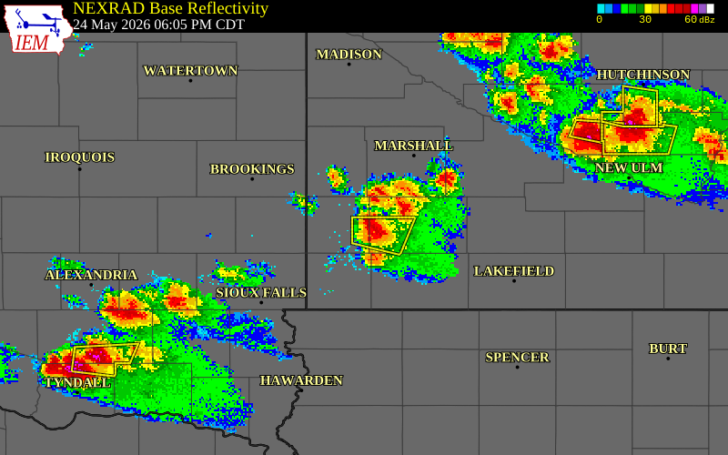 NEXRAD radar during the Sunday, May 24, 2026 storm activity in Pipestone County, Minnesota