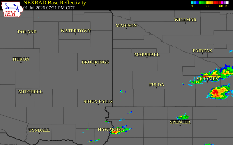 NEXRAD radar during the Wednesday, July 1, 2026 storm activity in Pipestone County, Minnesota