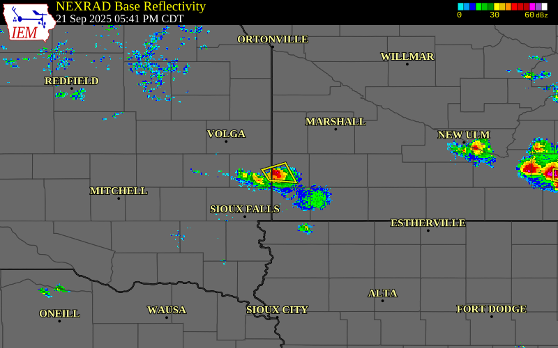 Radar snapshot during the May 24, 2026 hail event near Woodstock, Pipestone County, Minnesota, with NWS warning polygons