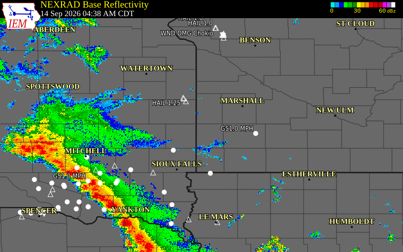Current NEXRAD radar over Pipestone County, Minnesota with recent storm report locations