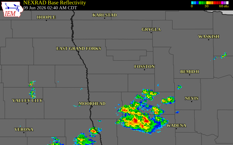 NEXRAD radar during the Tuesday, June 9, 2026 storm activity in Polk County, Minnesota