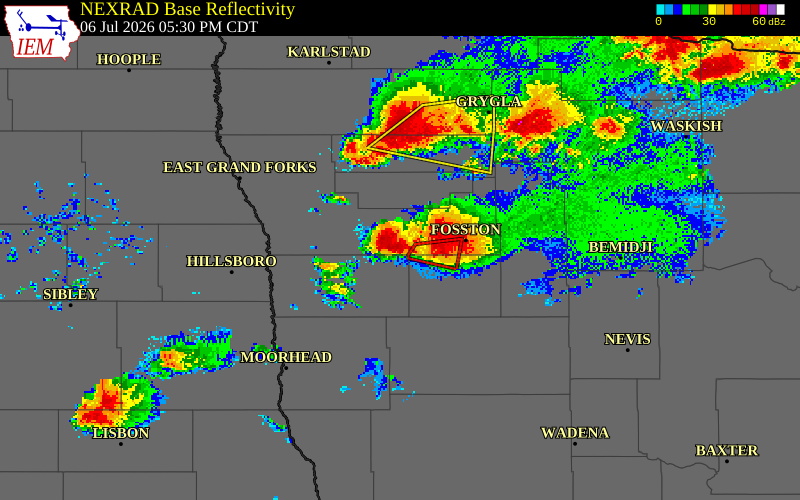 NEXRAD radar during the Monday, July 6, 2026 storm activity in Polk County, Minnesota