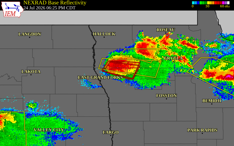 NEXRAD radar during the Friday, July 24, 2026 storm activity in Polk County, Minnesota
