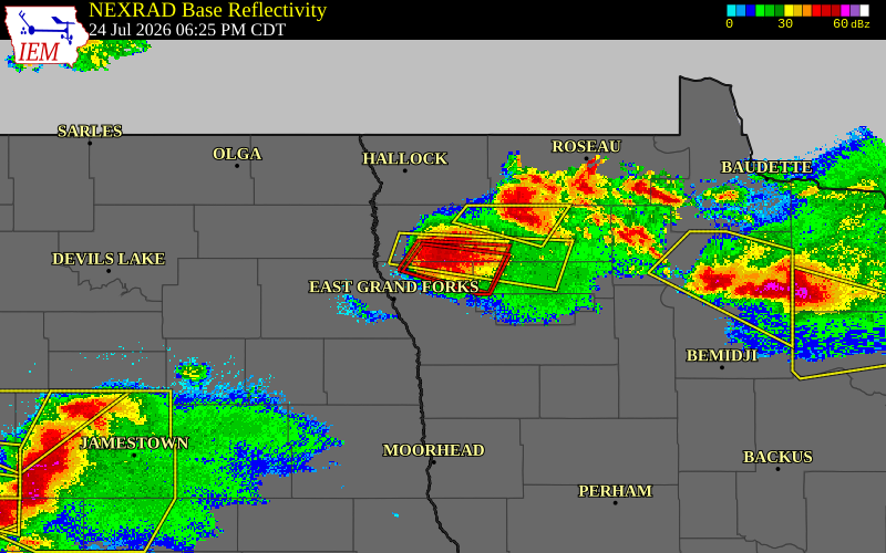 Radar snapshot during the Jul 24, 2026 hail event near Angus, Polk County, Minnesota, with NWS warning polygons