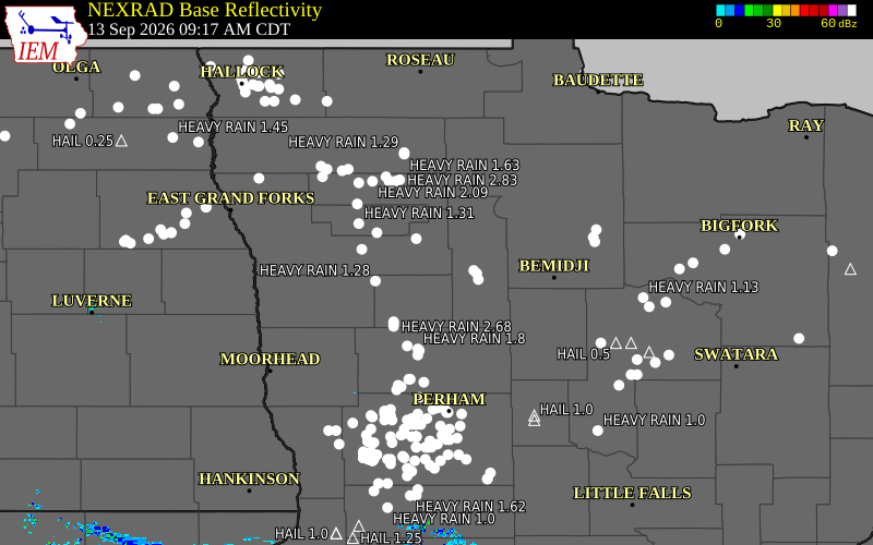 Current NEXRAD radar over Polk County, Minnesota with recent storm report locations