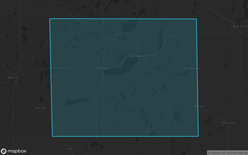 Map of Pope County, Minnesota showing the county boundary and surrounding cities
