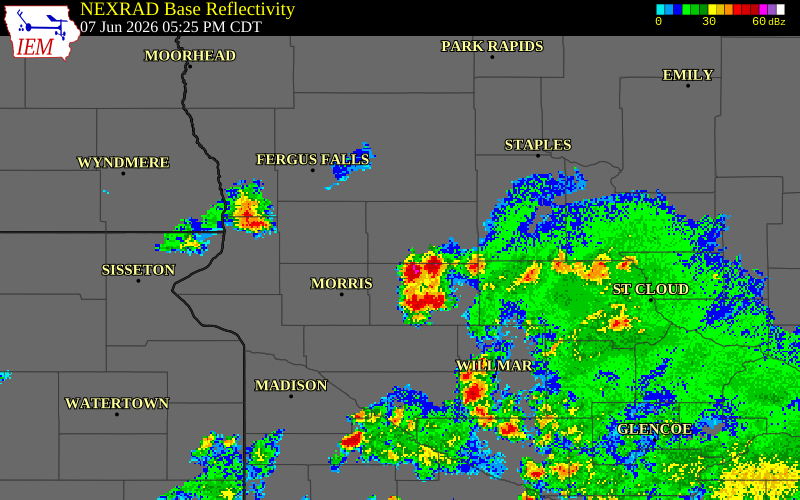 NEXRAD radar during the Sunday, June 7, 2026 storm activity in Pope County, Minnesota
