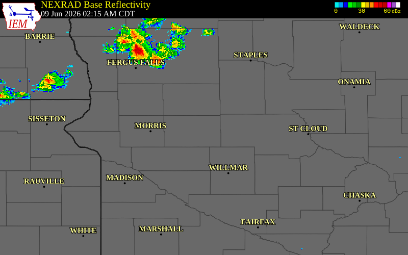 NEXRAD radar during the Tuesday, June 9, 2026 storm activity in Pope County, Minnesota