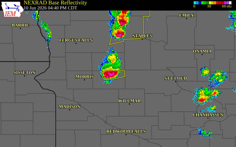 NEXRAD radar during the Wednesday, June 10, 2026 storm activity in Pope County, Minnesota