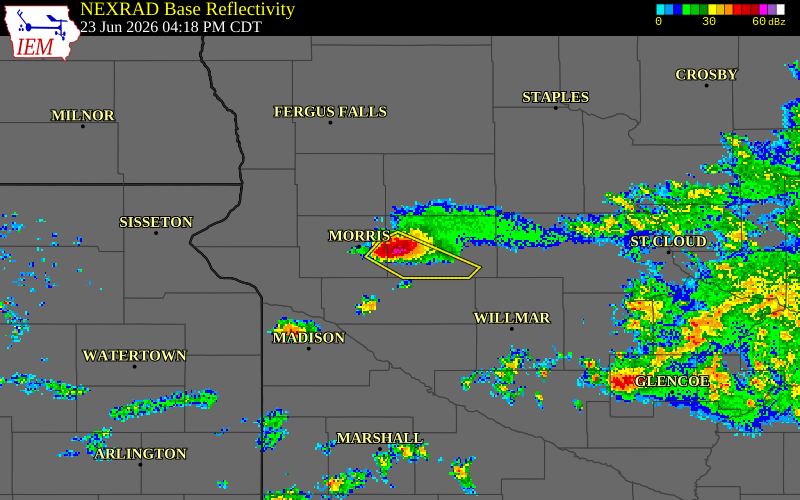 NEXRAD radar during the Tuesday, June 23, 2026 storm activity in Pope County, Minnesota