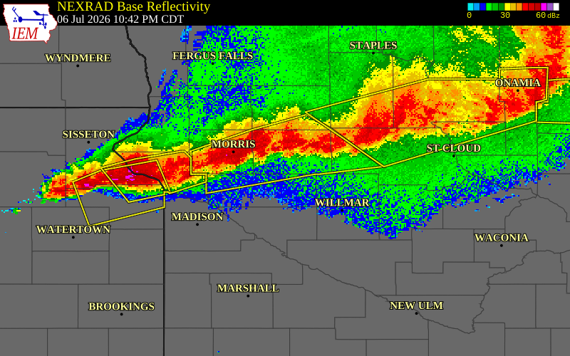 NEXRAD radar during the Monday, July 6, 2026 storm activity in Pope County, Minnesota