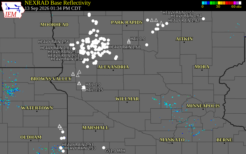 Current NEXRAD radar over Pope County, Minnesota with recent storm report locations