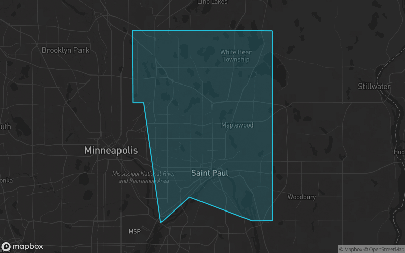 Map of Ramsey County, Minnesota showing the county boundary and surrounding cities