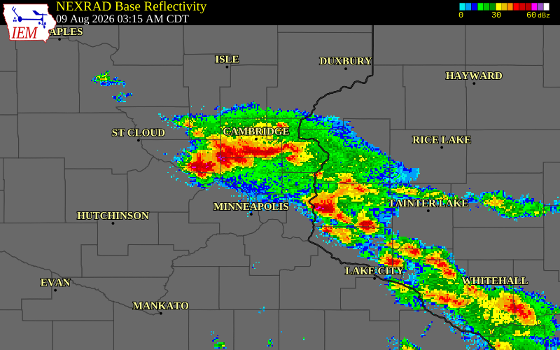 NEXRAD radar during the Sunday, August 9, 2026 storm activity in Ramsey County, Minnesota