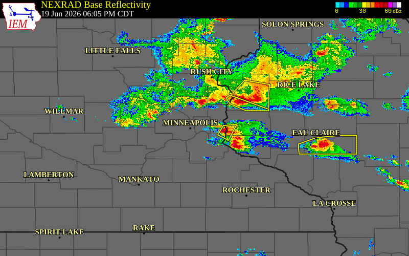 Radar snapshot during the Jun 19, 2026 hail event near 2 NNE St. Paul, Ramsey County, Minnesota, with NWS warning polygons