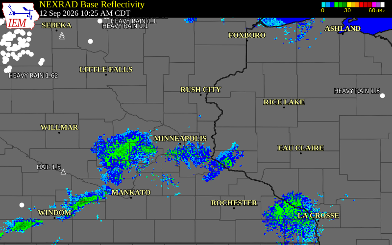 Current NEXRAD radar over Ramsey County, Minnesota with recent storm report locations