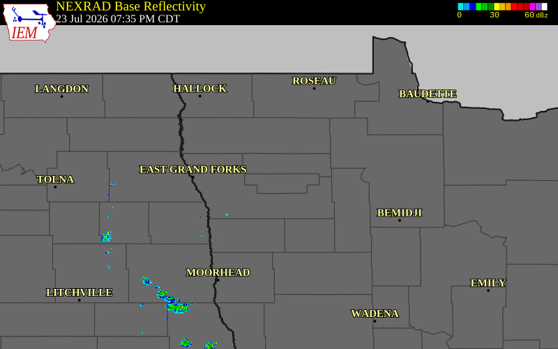 Radar snapshot during the Jul 23, 2026 hail event near 5 S Hazel, Red Lake County, Minnesota, with NWS warning polygons