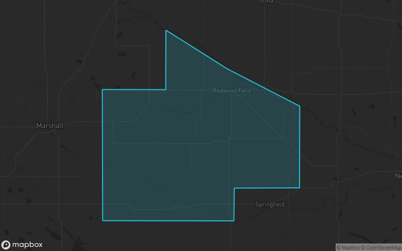 Map of Redwood County, Minnesota showing the county boundary and surrounding cities