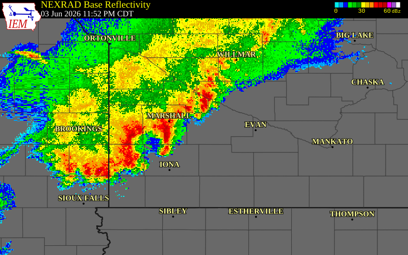 NEXRAD radar during the Wednesday, June 3, 2026 storm activity in Redwood County, Minnesota