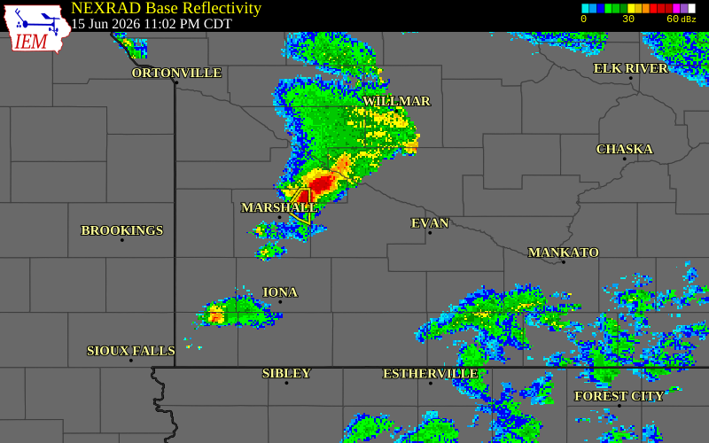 NEXRAD radar during the Monday, June 15, 2026 storm activity in Redwood County, Minnesota