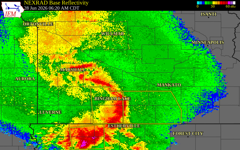 NEXRAD radar during the Sunday, June 28, 2026 storm activity in Redwood County, Minnesota