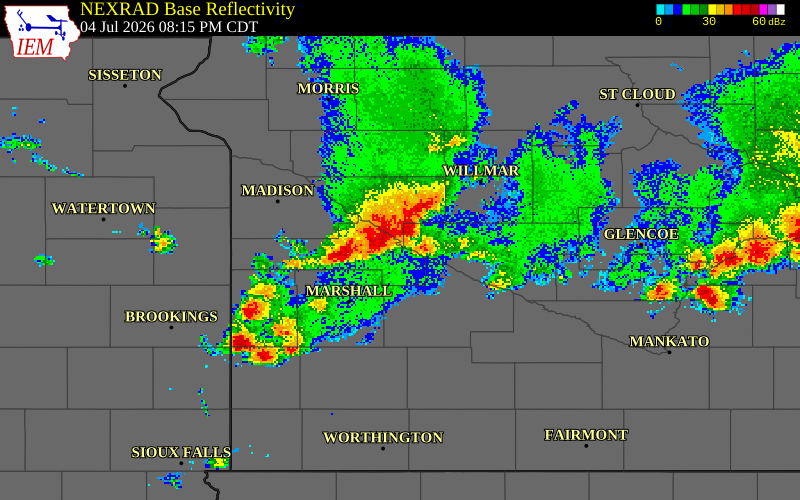 NEXRAD radar during the Saturday, July 4, 2026 storm activity in Redwood County, Minnesota