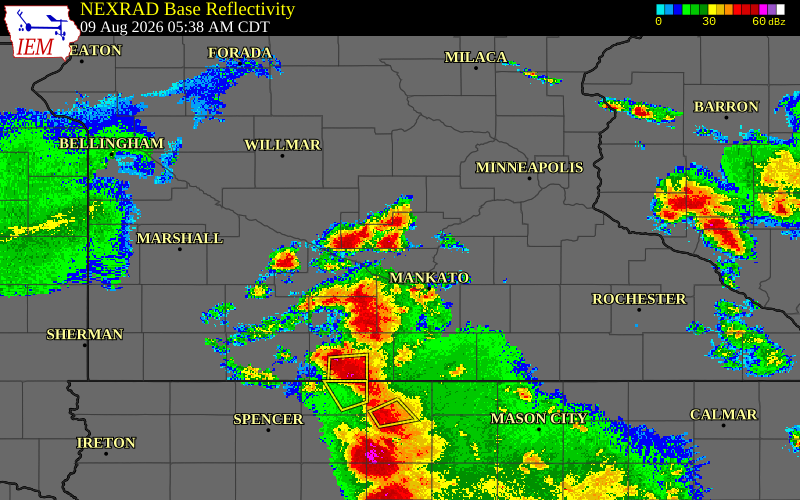 Radar snapshot during the Aug 9, 2026 hail event near Redwood County, Redwood County, Minnesota, with NWS warning polygons