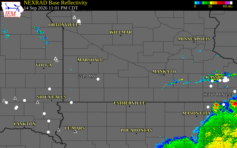 Current NEXRAD radar over Redwood County, Minnesota with recent storm report locations