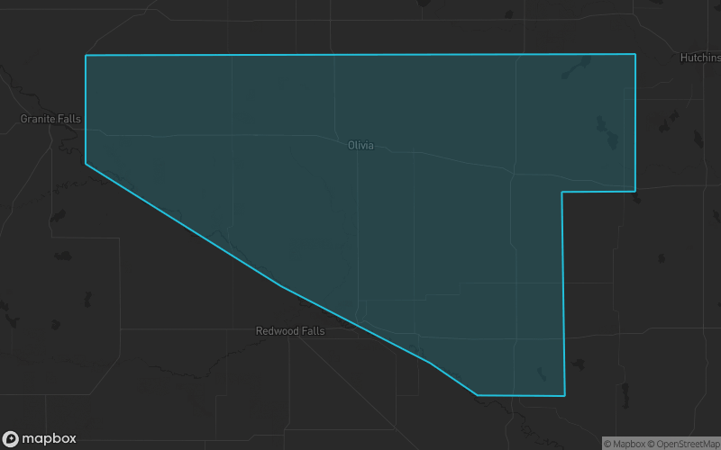 Map of Renville County, Minnesota showing the county boundary and surrounding cities