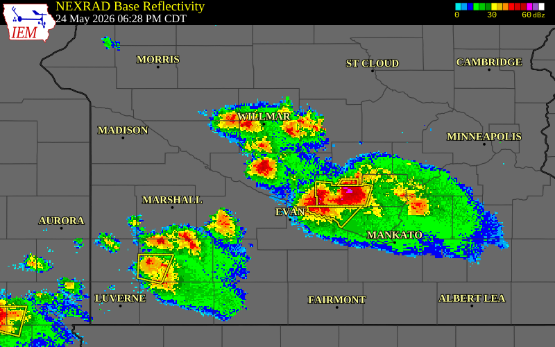 NEXRAD radar during the Sunday, May 24, 2026 storm activity in Renville County, Minnesota