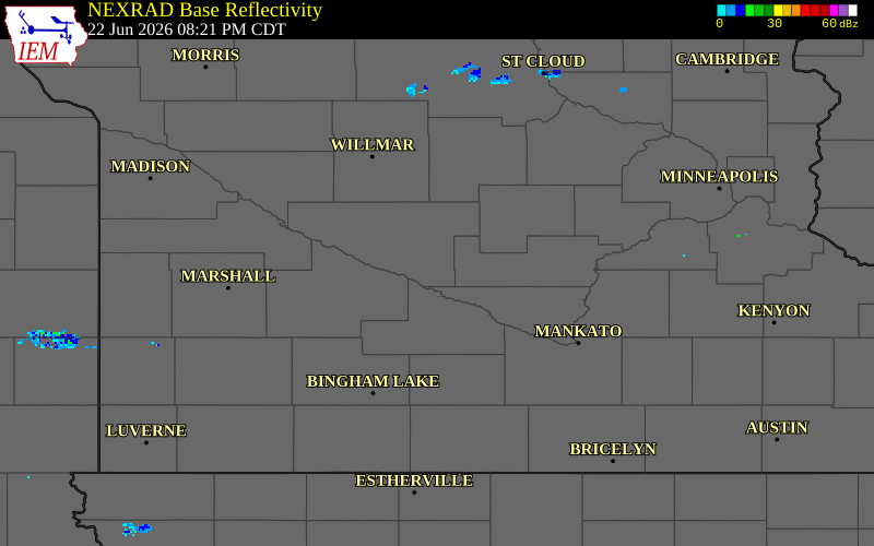 NEXRAD radar during the Monday, June 22, 2026 storm activity in Renville County, Minnesota