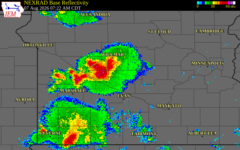 NEXRAD radar during the Friday, August 7, 2026 storm activity in Renville County, Minnesota