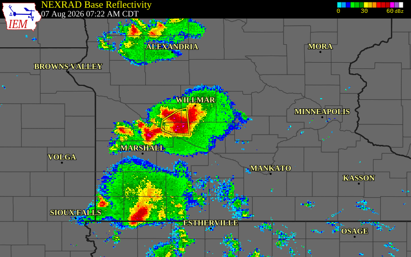 Radar snapshot during the Aug 7, 2026 hail event near Renville County, Renville County, Minnesota, with NWS warning polygons
