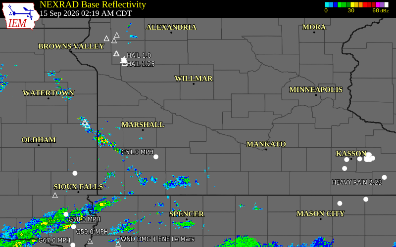 Current NEXRAD radar over Renville County, Minnesota with recent storm report locations