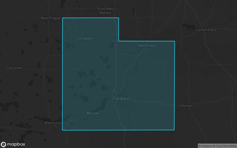 Map of Rice County, Minnesota showing the county boundary and surrounding cities