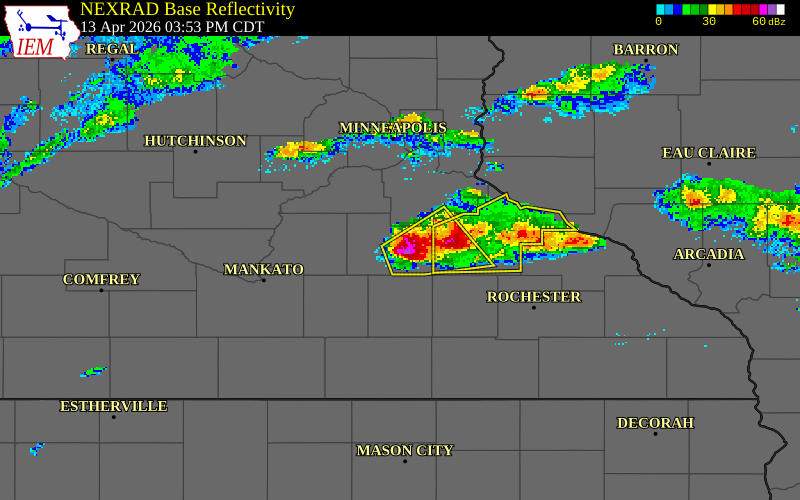 NEXRAD radar during the Monday, April 13, 2026 storm activity in Rice County, Minnesota