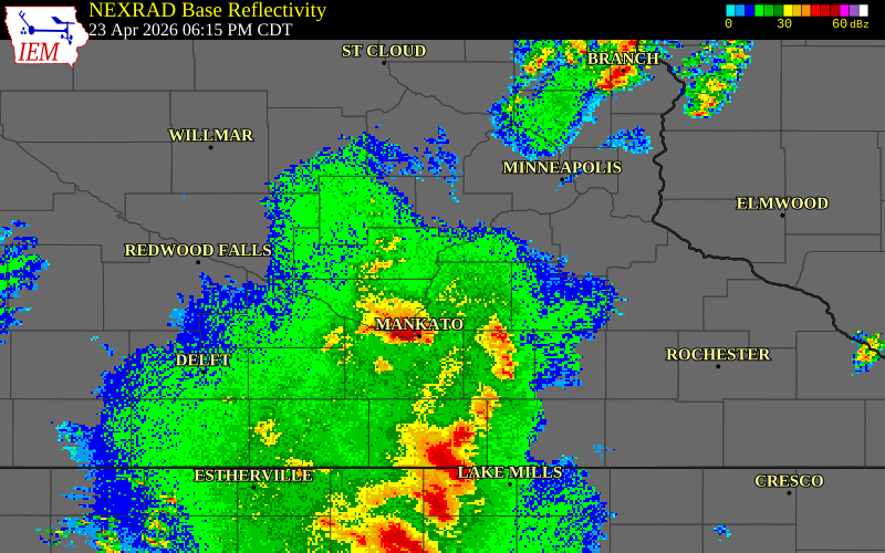 NEXRAD radar during the Thursday, April 23, 2026 storm activity in Rice County, Minnesota