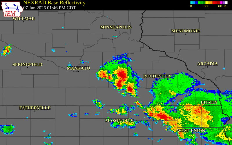 NEXRAD radar during the Sunday, June 7, 2026 storm activity in Rice County, Minnesota