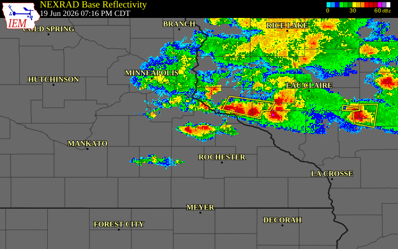 NEXRAD radar during the Friday, June 19, 2026 storm activity in Rice County, Minnesota